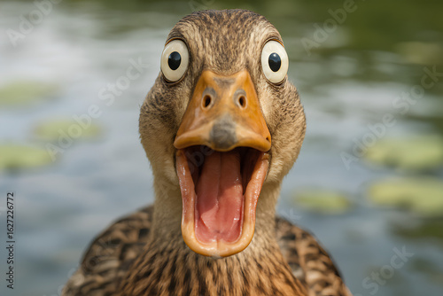 Close-up of a mallard duck with its beak wide open, appearing surprised or funny shocked, against a blurred water background.