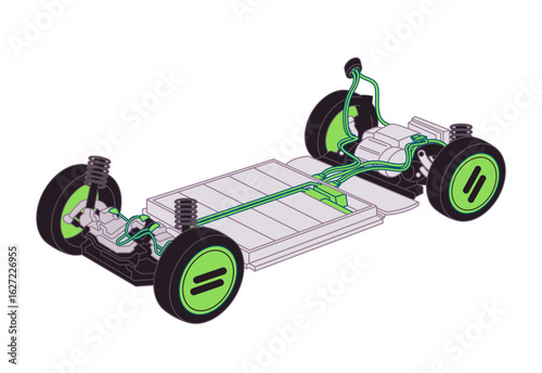 A simplified isometric view of electric vehicle chassis showcasing battery pack electric motors wheels suspension system illustrating the core mechanics of EV