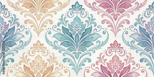 Elegant floral damask pattern in soft watercolor hues, perfect for luxurious interiors and design projects