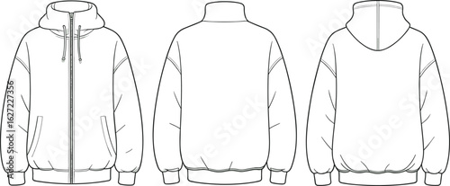 Utility hooded jacket fashion sketch, cad drawing flat vector illustration, front side back view, flap pockets, technical apparel template