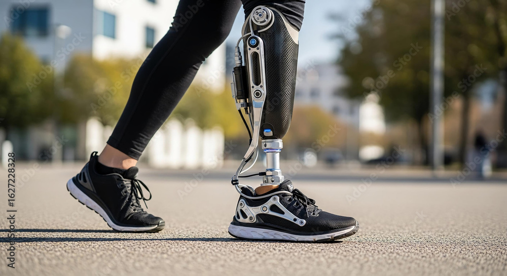 Obraz premium Active person with a modern bionic prosthetic leg walking in an urban setting