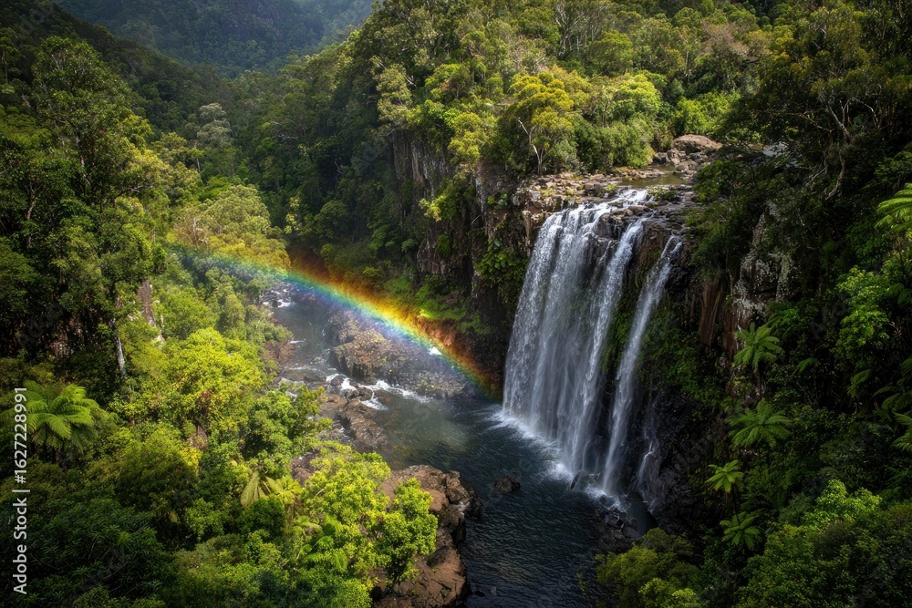 Obraz premium Waterfall cascades into river, rainbow appears, forest backdrop, travel, brochure use