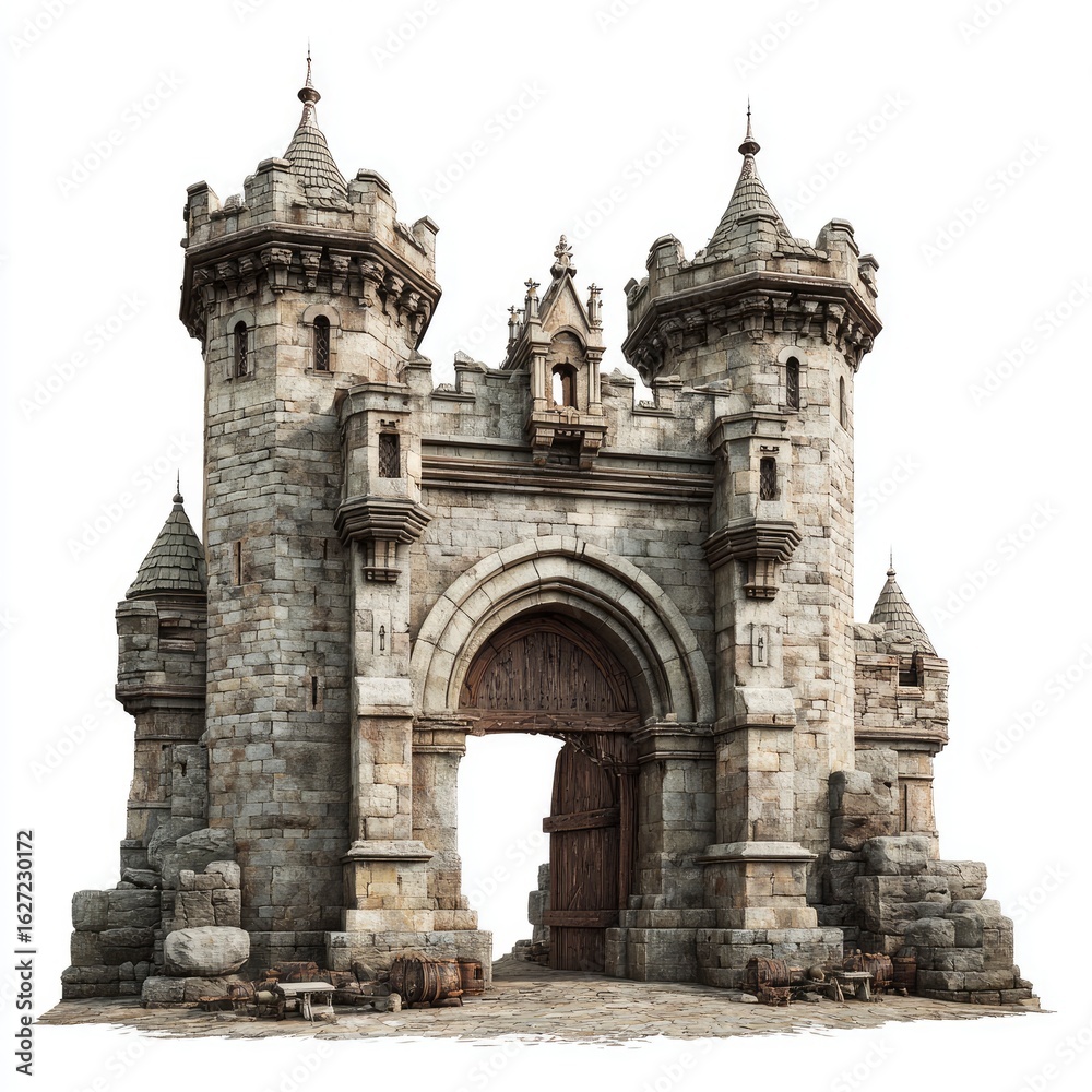 Stone Castle Gate. Architecture with Medieval Entry in fantasy setting. Tourism Stone Castle Gate. Architecture with Medieval Entry in fantasy setting. Tourism