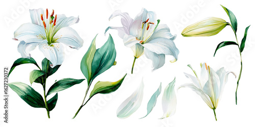 White Lilies Watercolor Painting with Green Leaves, PNG