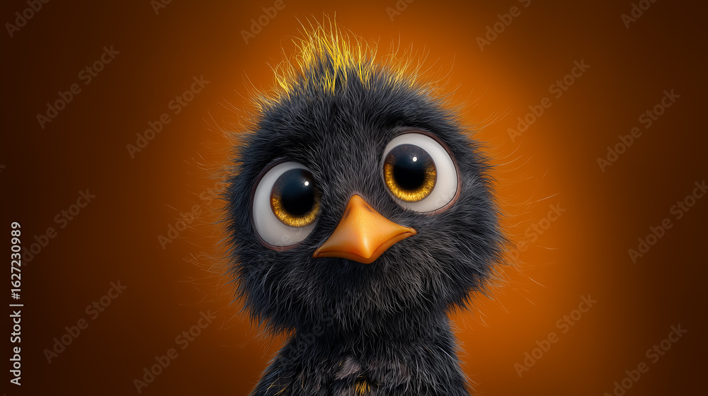Naklejka premium Cute fluffy black chick with big eyes and yellow feathers is staring