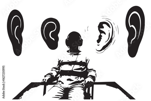 Concept art depicting a person in sensory deprivation, with a series of ear illustrations representing the stages of hearing loss, emphasizing the impact of isolation on senses and mental state