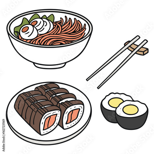 Korean food assortment with noodles and sushi kimchi bibimbap