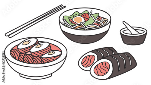 Korean food assortment with bowls chopsticks and sushi rolls kimchi bibimbap