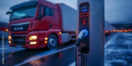 Charging station during nighttime. Electric truck charging station with a red truck in the background at a rest area during twilight