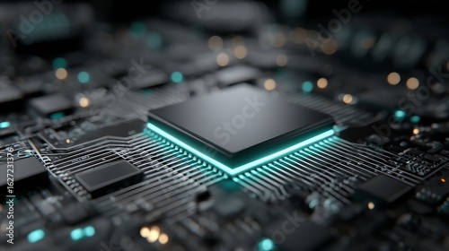 Thin-Line AI Semiconductor Chip: Blue-Green Circuit Background for Digital Electronics