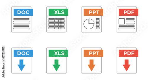 modern office electronic documents file formats DOC XLS PPT PDF, download symbol, colorful vector icons set