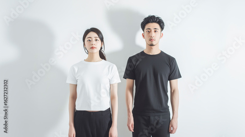 Asian man and woman in their 20s wearing black and white t-shirts.