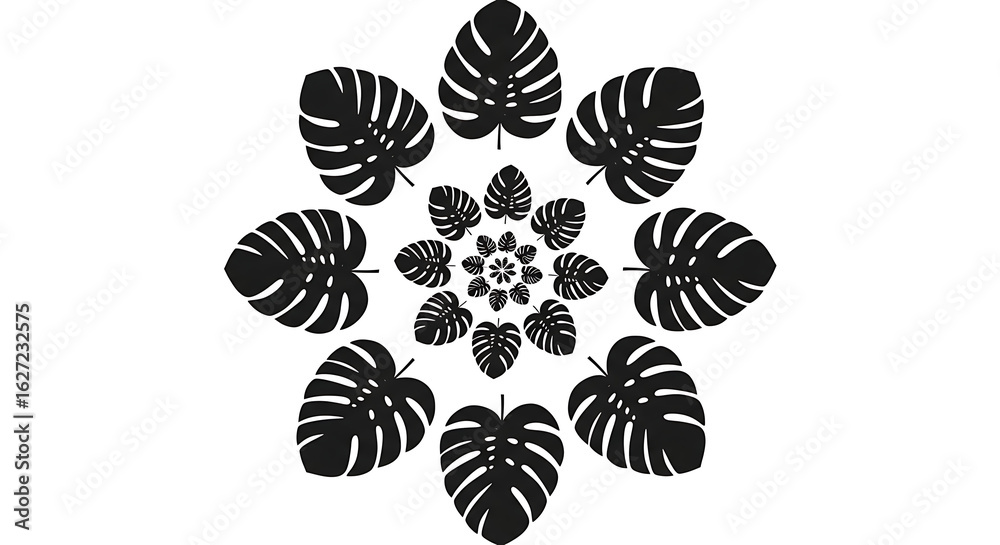 Fototapeta premium Symmetrical radial mandala of black Monstera leaf silhouettes in a spiral formation.