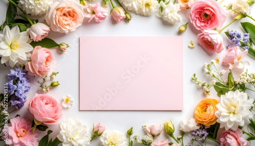 Floral frame made of fresh pink and white flowers with a blank pink card mockup for a celebration or invitation concept.