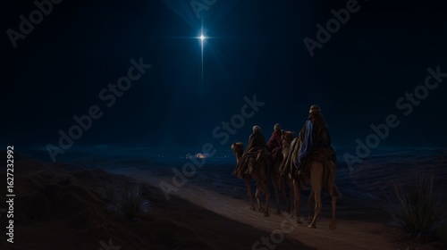 The three wise men are going to the house where the star illuminated the birth of baby Jesus.