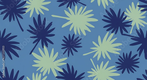 Stylized pattern of spiky palm leaves in cool tones of navy and sage green.