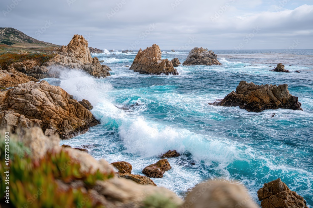Scenic Coastal Landscape with Dramatic Rocky Outcrops and Turquoise Waves Under a Cloudy Sky on the Ocean Shoreline in a Serene Natural Environment Scenic Coastal Landscape with Dramatic Rocky Outcrops and Turquoise Waves Under a Cloudy Sky on the Ocean Shoreline in a Serene Natural Environment