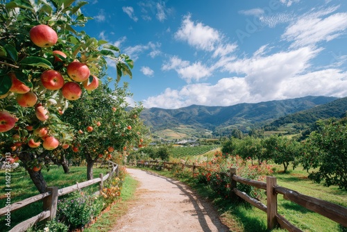 Scenic apple orchard with ripe fruit, winding pathway, vibrant foliage, and picturesque mountains under a blue sky with fluffy clouds in a rural landscape.