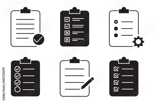 Checklist, survey or report editable stroke outline icon isolated on white background flat set of a vector illustration. Black Color. Checklist icon. Clipboard icon. Eps 10