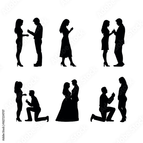 vector illustration of couple getting engaged silhouette set, Black & White silhouette set 
