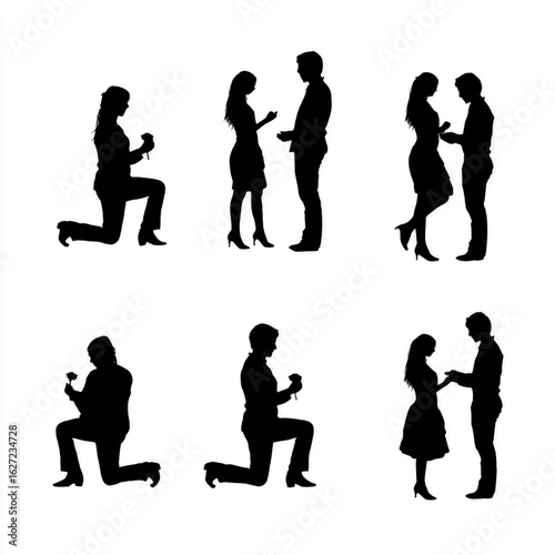 vector illustration of couple getting engaged silhouette set, Black & White silhouette set 