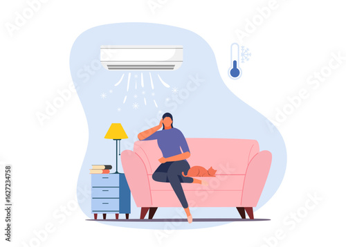 Woman sitting on sofa with cat under air conditioner. Vector illustrator stock illustration