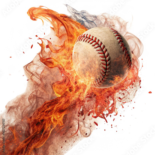 Dynamic baseball engulfed in intense fiery flames and smoke, symbolizing power and speed