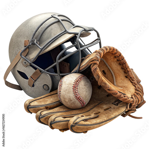 Vintage baseball catcher's gear with ball and glove ready for action
