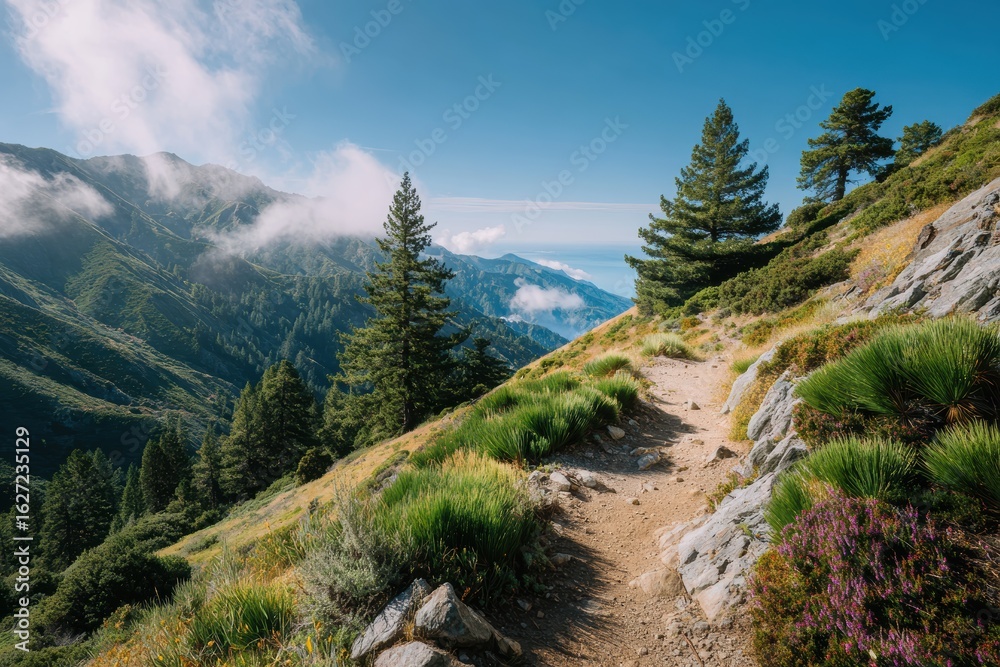 Fototapeta premium Scenic Mountain Trail Overlooking Coastal Landscape with Lush Greenery and Rolling Hills Under a Bright Blue Sky and Soft Clouds