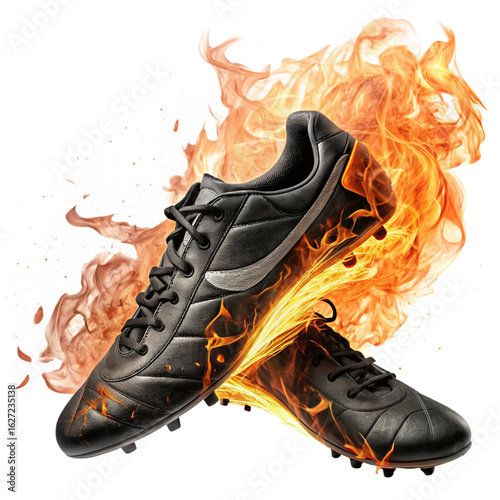 Dynamic black soccer cleats erupting in fiery motion for peak performance and winning spirit
