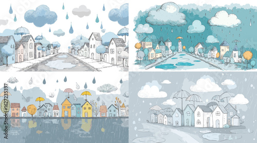 Illustration of a peaceful village under rainfall with colorful umbrellas and cozy homes, expressing calm, seasonal charm in a soft textured style.

