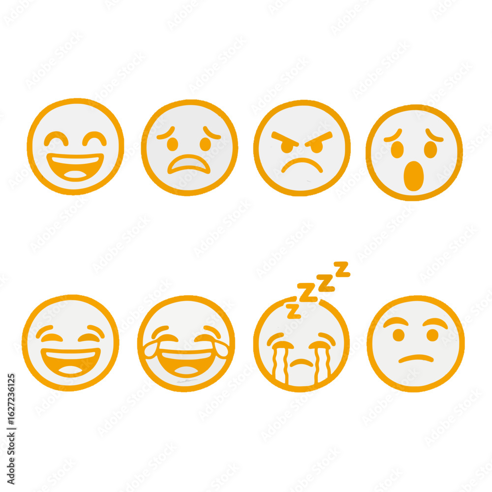 Obraz premium Set of 8 Hand-Drawn Emoji Faces with Bold Lines on White Background