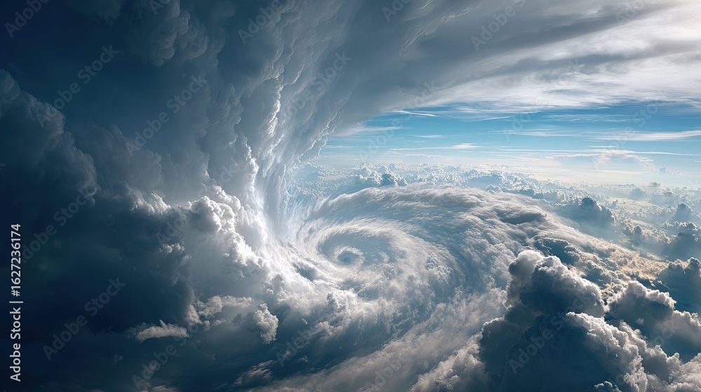 Naklejka premium Aerial view of massive swirling storm cloud system displaying powerful hurricane vortex over ocean