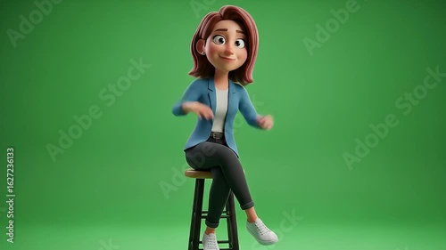 animated 3d cartoon woman character gesturing on stool