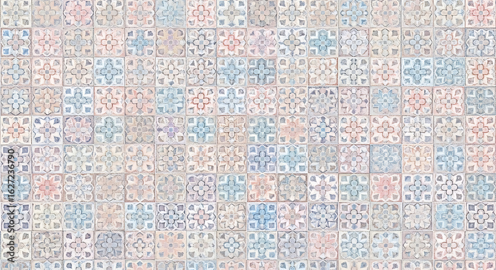 Fototapeta premium Vintage Floral Patterned Ceramic Tiles with Subtle Pastel Hues.