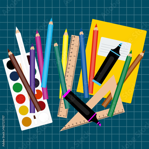school supplies on blue chequered paper sheet, social media back to school post template, new academic year or semester poster mockup, education flat style vector frame