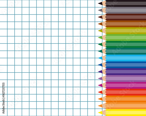 17 colorful pencils vertical row on squared paper sheet, social media back to school post template, new academic year or semester poster mockup, education flat style vector frame