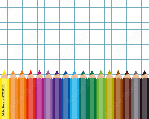 17 colorful pencils horizontal row on squared paper sheet, social media back to school post template, new academic year or semester poster mockup, education flat style vector frame