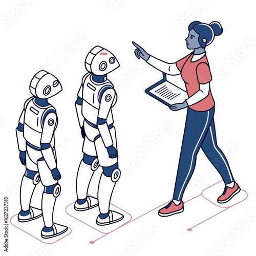 Woman instructing robots on a digital path demonstrating artificial intelligence training and automation