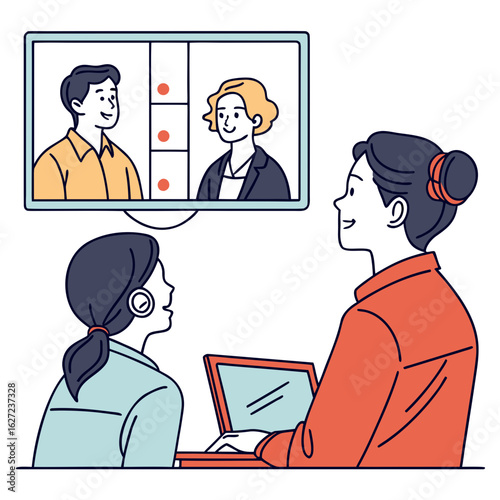 Diverse team members collaborating remotely through a video conference call on a laptop