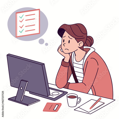 Woman feeling overwhelmed and stressed while looking at a completed checklist on her computer screen