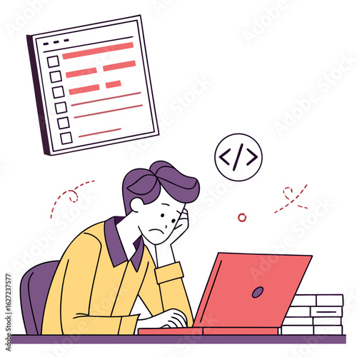 Frustrated programmer or student struggling with coding tasks and deadlines at a desk with a laptop