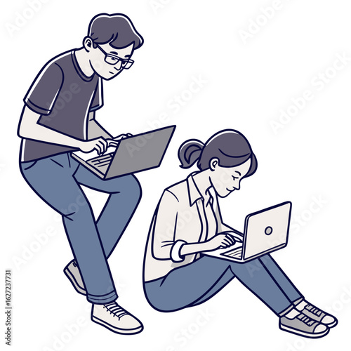 Diverse young adults collaborating and working remotely on laptops in a modern casual setting
