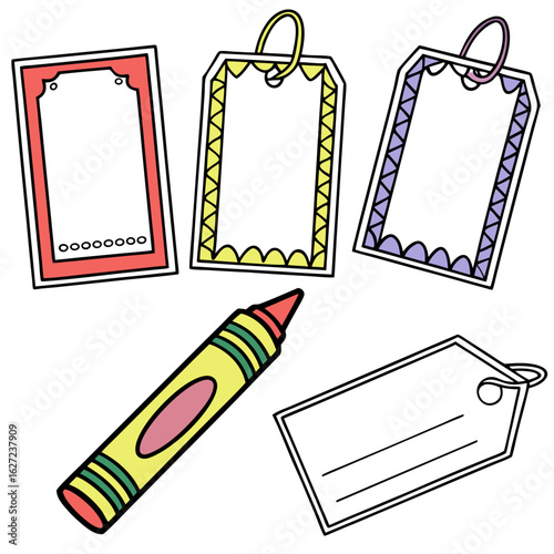 Collection of colorful blank gift tags and a crayon ready for creative customization and labeling