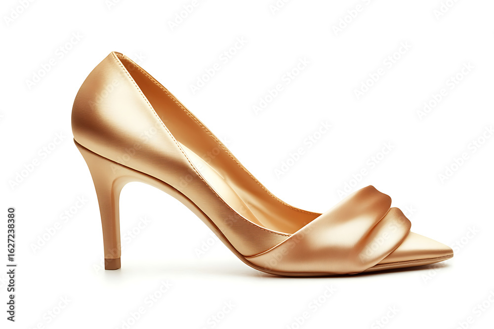 Obraz premium Elegant champagne satin pump with stylish knotted detail on toe, a sophisticated stiletto heel for timeless fashion appeal.