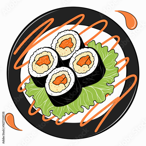 Illustration of a sushi roll with salmon on a plate with spicy mayo a delicious and healthy japanese food option