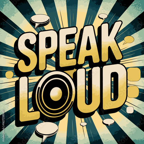 Bold 3d text proclaiming speak loud with a vintage comic book style radiating lines and speech bubbles conveying communication and expression