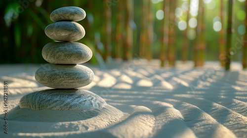 Serene Zen Garden: Stacked Stones and Raked Sand with Bamboo