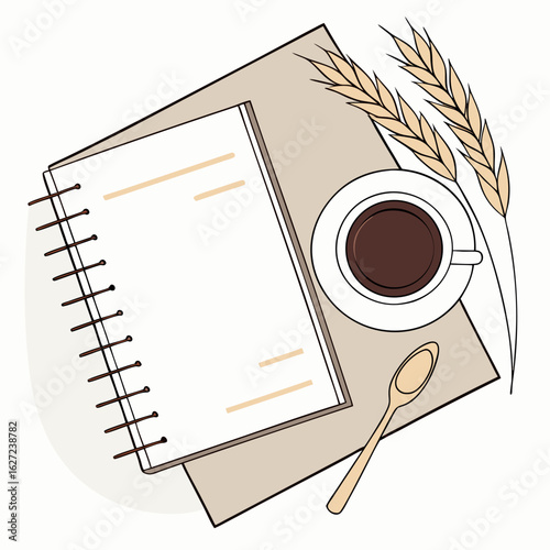 Vector art of a cup of coffee with a notebook and wheat stalks on a table creates a cozy and productive atmosphere