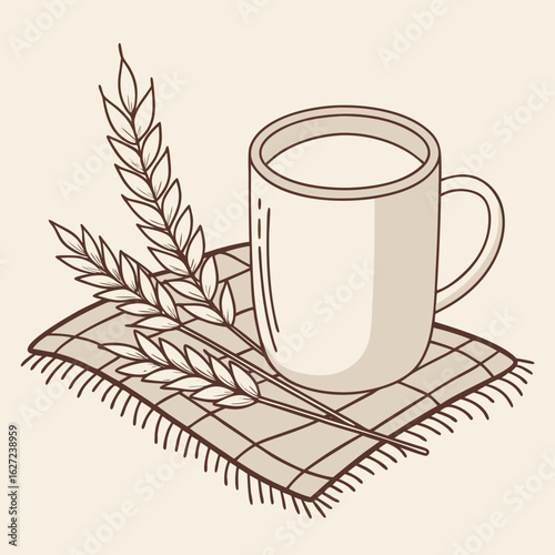 Illustration of a mug with a drink next to wheat stalks on a checkered tablecloth evoking a cozy and rustic atmosphere